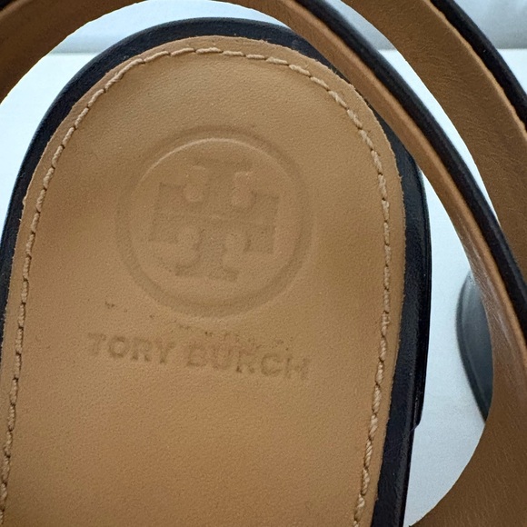 Tory Burch Kira Black Leather Block Heel Sandals Gold Logo 65mm (Size 8.5) - Picture 2 of 9